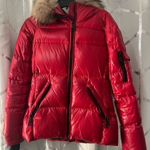 SAM. Red Puffer Jacket with Fur Trim